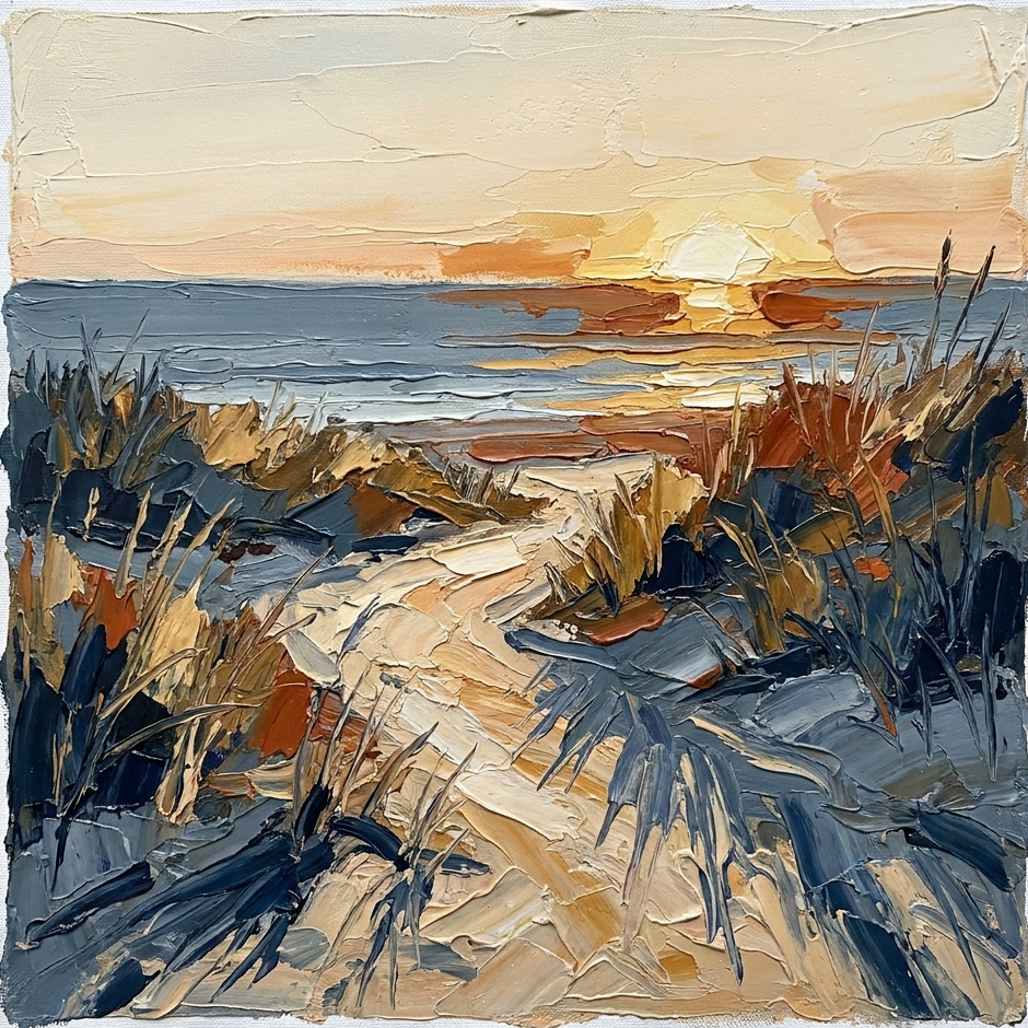 Oil painting of a sandy dune path winding toward the sea and a rising sun