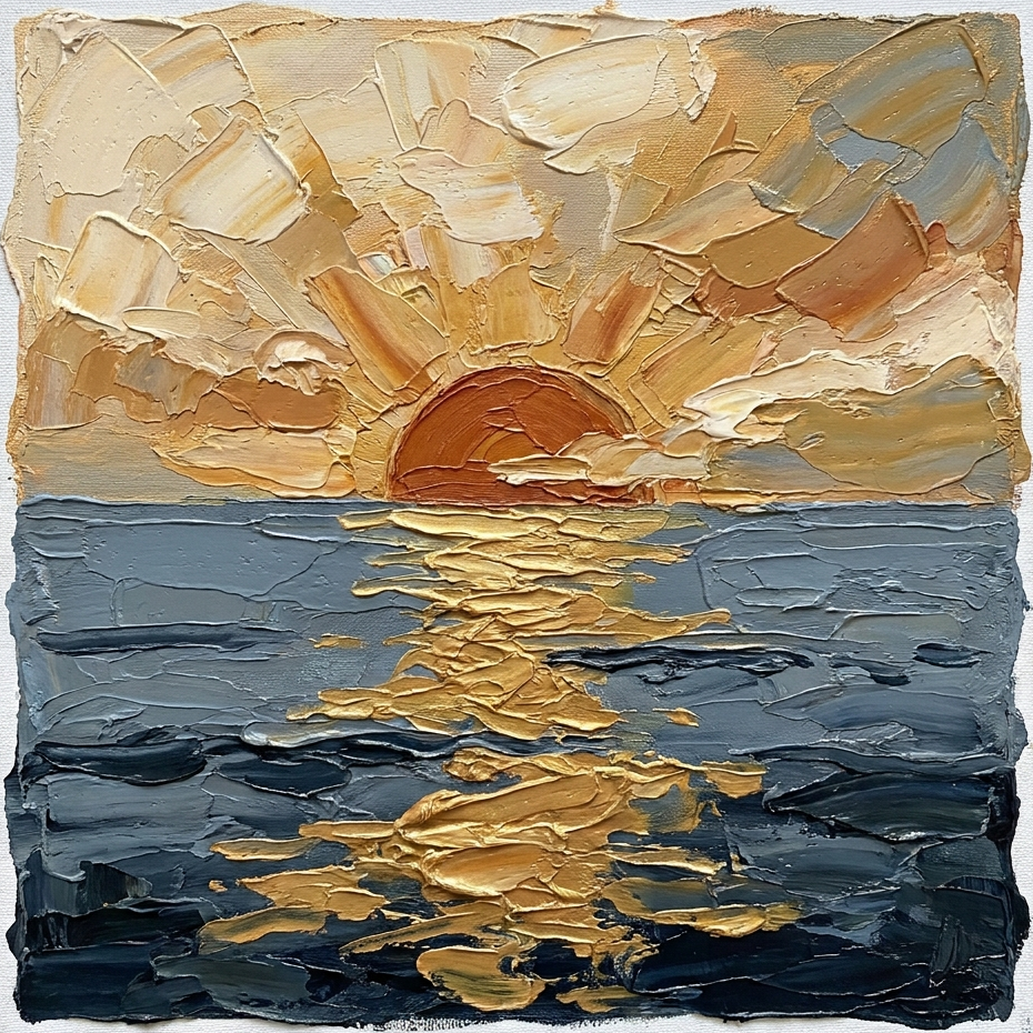 Oil painting of the sun rising over the ocean, golden light reflecting on the water